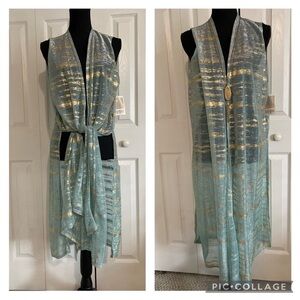 Glam Bohemian Chic Elegant Collection Aqua & Gold Metallic Longline Vest•L